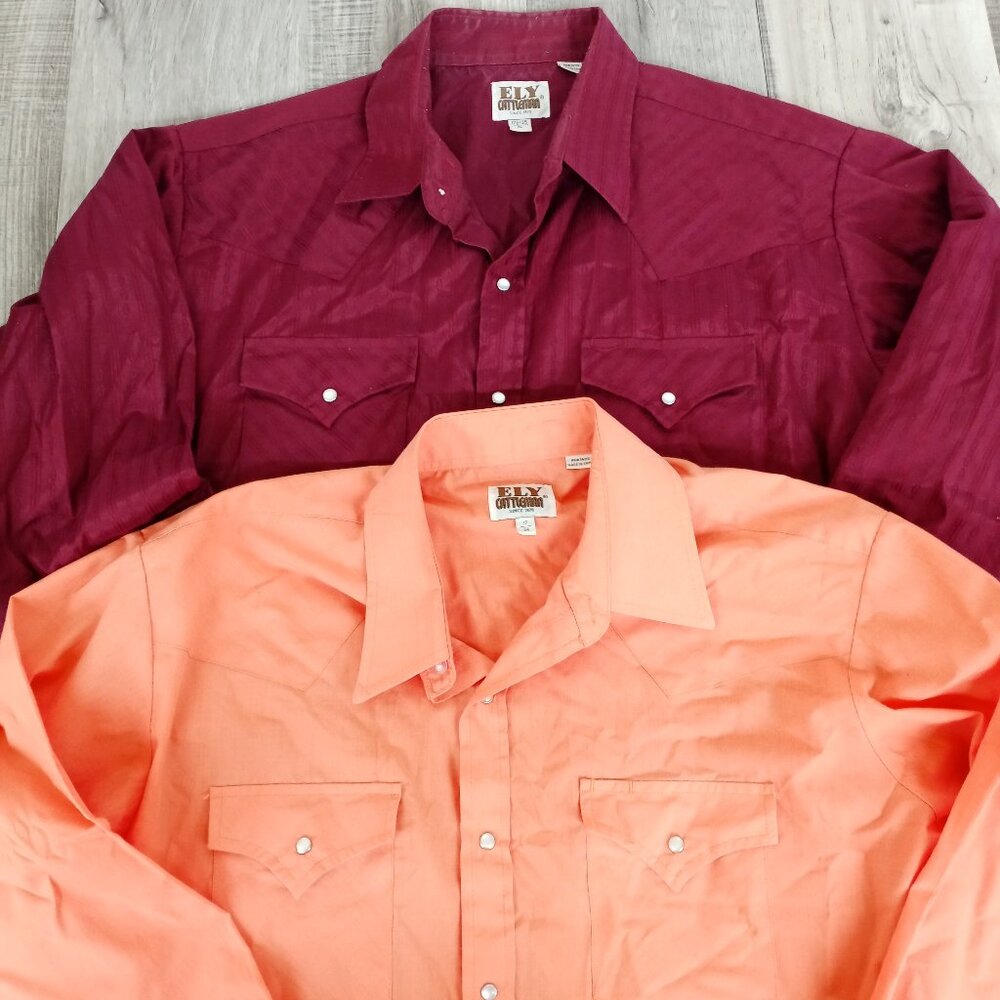 Ely Cattleman XL Pearl Snap Button Shirts Burgundy Tangerine